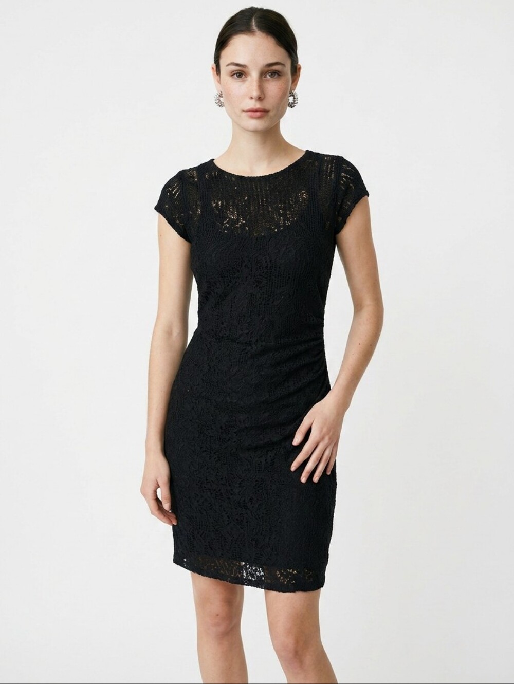 DKNY Black Lace Ruched Midi Dress